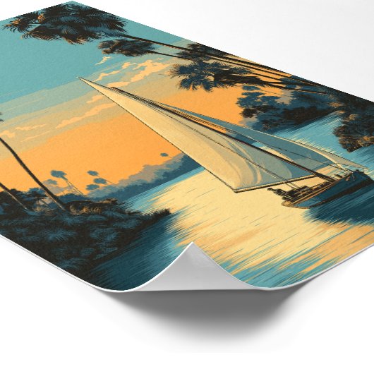 Tropical Sailboat Sunset - Palm Tree Lagoon Art Poster (Ecke)
