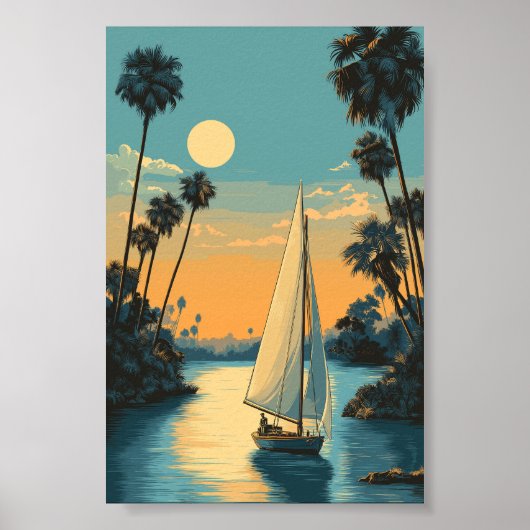 Tropical Sailboat Sunset - Palm Tree Lagoon Art Poster (Vorne)