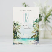 Tropical Sand Beach Palm Tree Hochzeit Tischnummer (Stehend Vorderseite)
