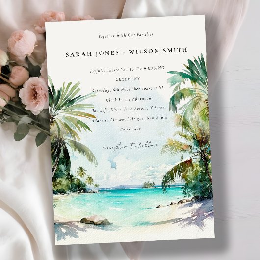 Tropical Sand Beach Palmen Hochzeit + Details Einladung