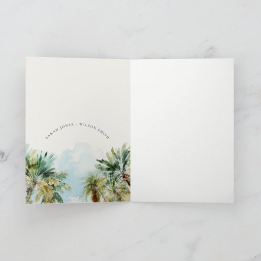Tropical Sand Beach Watercolor Palmen Hochzeit Dankeskarte (Innenseite)