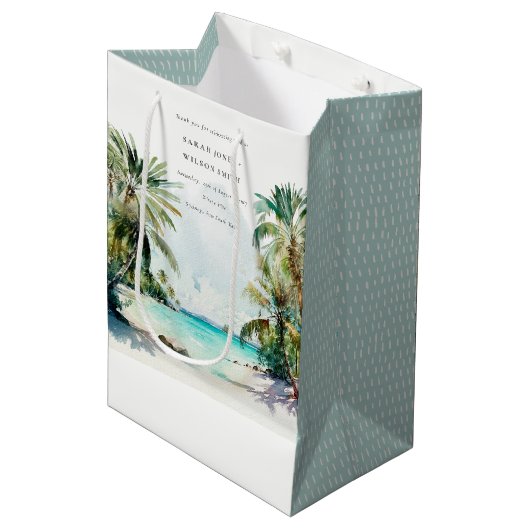 Tropical Sand Beach Watercolor Palmen Hochzeit Mittlere Geschenktüte (Vorderseite Schrägansicht)