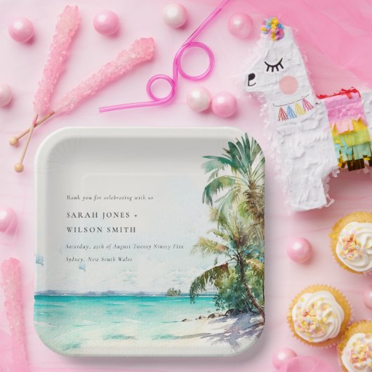 Tropical Sand Beach Watercolor Palmen Hochzeit Pappteller (Party)