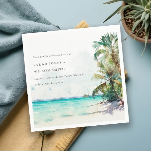 Tropical Sand Beach Watercolor Palmen Hochzeit Serviette