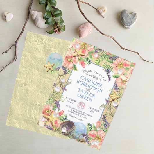 Tropical Sandy Beach Rose Seashell Pearl Wedding Einladung