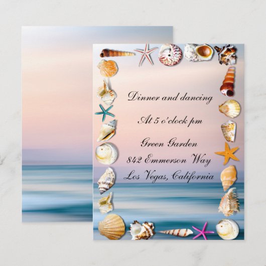 Tropical Sandy Beach & Seashells Hochzeitsempfang Einladung (Vorne/Hinten)