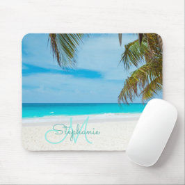 Tropical Sandy Beach Türkis Monogram Text Palm Mousepad