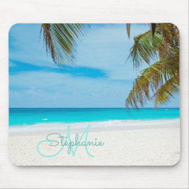 Tropical Sandy Beach Türkis Monogram Text Palm Mousepad