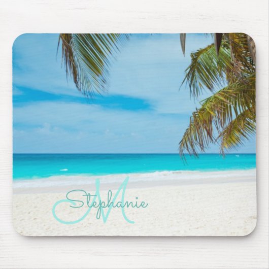 Tropical Sandy Beach Türkis Monogram Text Palm Mousepad (Vorne)
