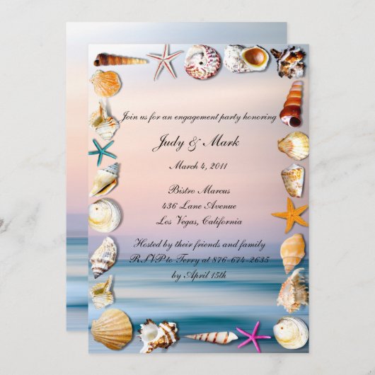 Tropical Sandy Beach und Seashell Engagement Party Einladung (Vorne/Hinten)