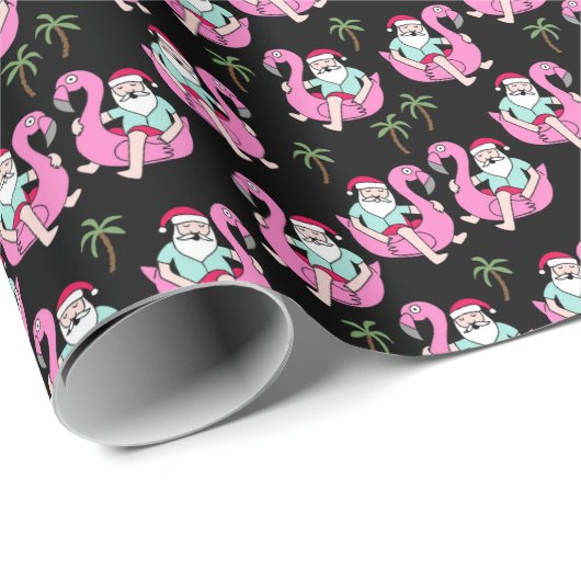 Tropical Santa Flamingo Floß schwarz Geschenkpapier (Rolleneckpunkt)