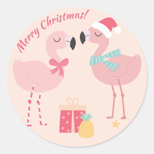 Tropical Santa Flamingo's - Weihnachten Runder Aufkleber (Vorderseite)