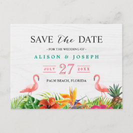Tropical Save the Date | Hibiskus Floral Flamingo Ankündigungspostkarte