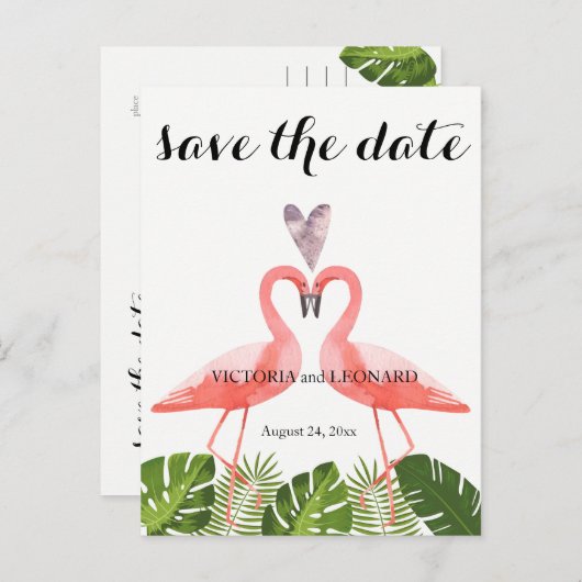 Tropical Save the Date | rosa Flamingos Postkarte (Vorne/Hinten)