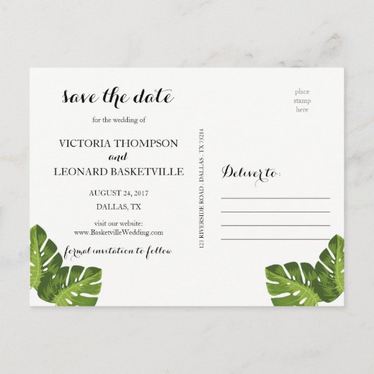 Tropical Save the Date | rosa Flamingos Postkarte (Rückseite)