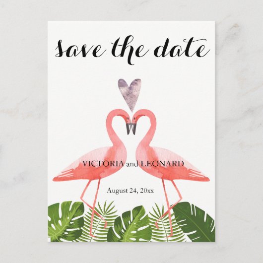 Tropical Save the Date | rosa Flamingos Postkarte (Vorderseite)