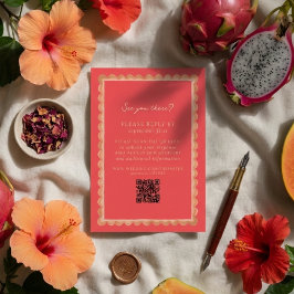 Tropical Scallop Border Pink QR Wedding RSVP Karte
