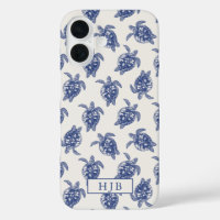 Tropical Sea Turtle Blue Sketch Monogram iPhone 16