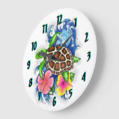 Tropical Sea Turtle with flowers Clock Große Wanduhr (Winkel)