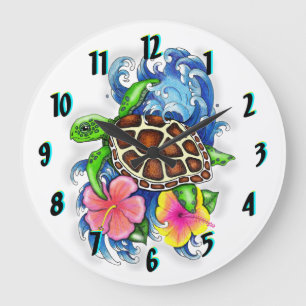 Tropical Sea Turtle with flowers Clock Große Wanduhr