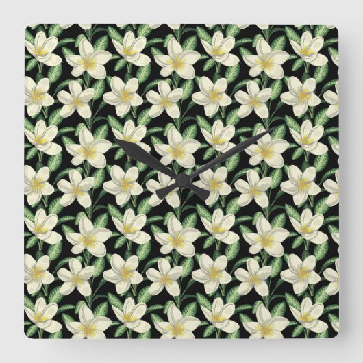 Tropical seamless pattern white flowers green leaf quadratische wanduhr (Vorderseite)