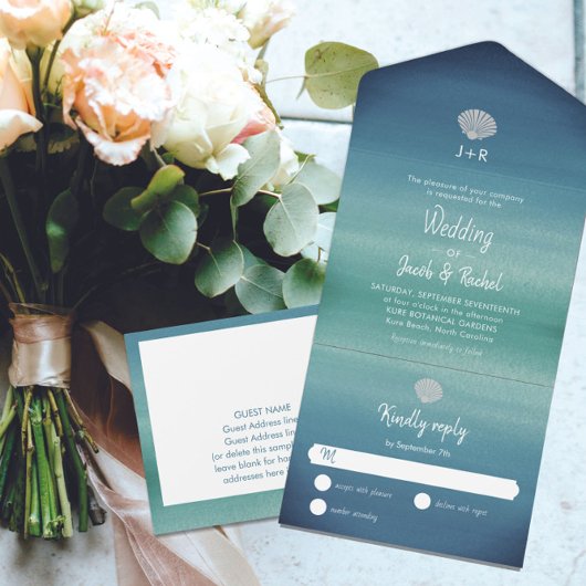 Tropical Seashell Boho Beach Wedding All In One Einladung