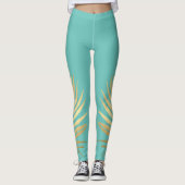 Tropical Shimmer Gold Palm Blätter Soft Aqua Blue Leggings (Vorderseite)