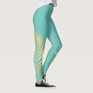 Tropical Shimmer Gold Palm Blätter Soft Aqua Blue Leggings