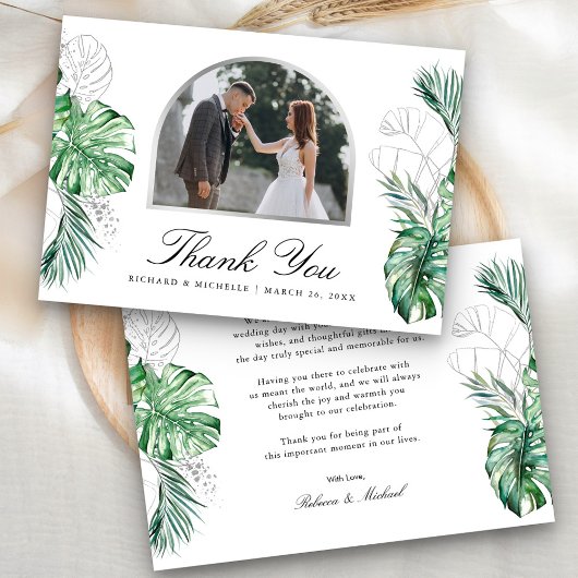 Tropical Silver Palm Arch Foto Wedding Dankeskarte