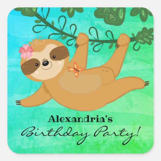 Tropical Sloth Girly Birthday Party Quadratischer Aufkleber (Vorderseite)