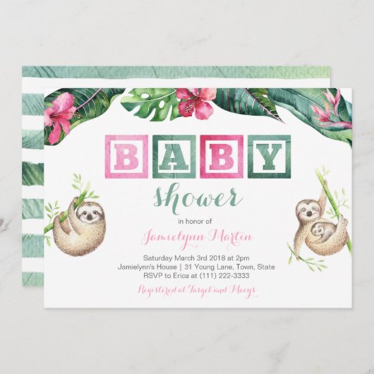 Tropical Sloth Lush Foliage Baby Dusche Party Einladung (Vorne/Hinten)