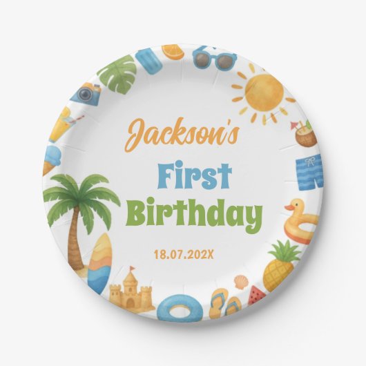 Tropical Summer Beach Birthday Party Paper Plates Pappteller (Vorderseite)