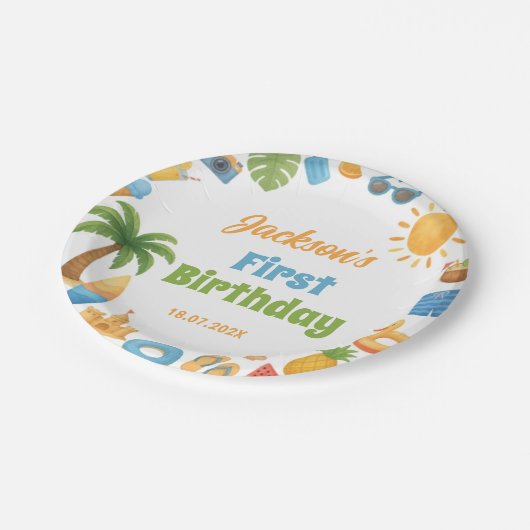 Tropical Summer Beach Birthday Party Paper Plates Pappteller (Schrägansicht)