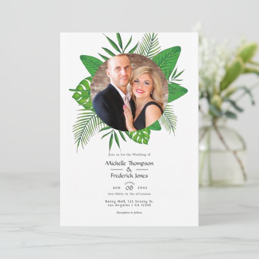 Tropical Summer Beach Foto Wedding Einladung (Stehend Vorderseite)
