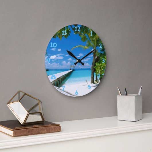 Tropical Summer Beach Ocean Watercolor Große Wanduhr (Büro)
