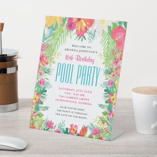 Tropical Summer Birthday Luau Pool Party Willkomme Sockelschild (In SItu)