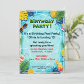 Tropical Summer Birthday Pool Party Einladung (Stehend Vorderseite)