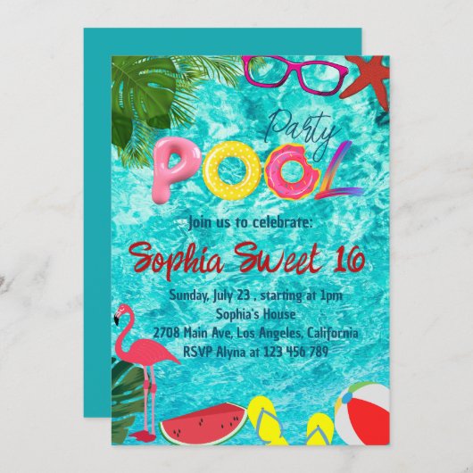 Tropical Summer Birthday Pool Party Einladung (Vorne/Hinten)