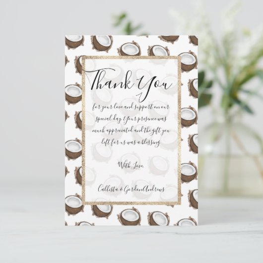 Tropical Summer Brown White Coconut Frucht Muster Dankeskarte (Stehend Vorderseite)