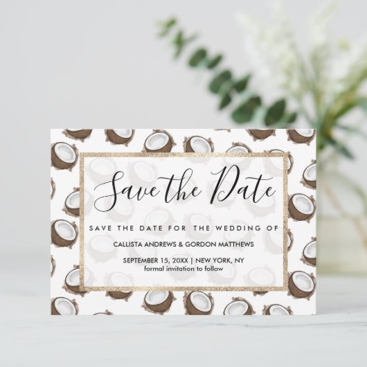 Tropical Summer Brown White Coconut Frucht Muster Save The Date (Stehend Vorderseite)