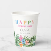 Tropical Summer Flamingo Girl Happy 1. Geburtstag Pappbecher (Vorderseite)
