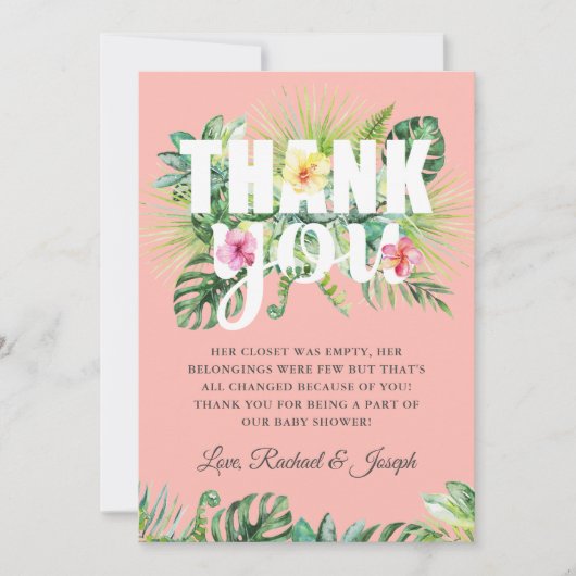 Tropical Summer Floral Coral Baby Dusche Dankeskarte (Vorderseite)