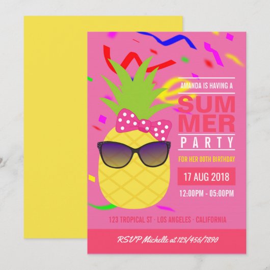 Tropical Summer Girl Birthday Party Einladung (Vorne/Hinten)