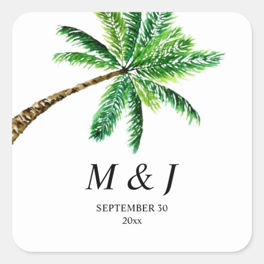 Tropical Summer Palm Tree Monogram Quadratischer Aufkleber (Vorderseite)
