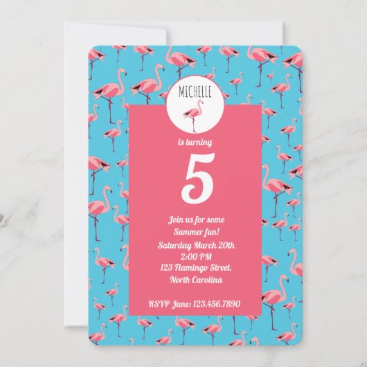 Tropical Summer Pink Flamingo Girly 5. Geburtstag Einladung (Vorderseite)