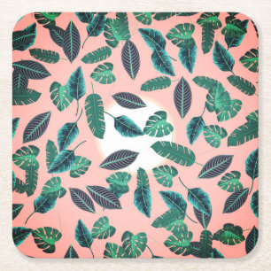 Tropical Summer Pink Green Blätter Sunset Pattern Rechteckiger Pappuntersetzer