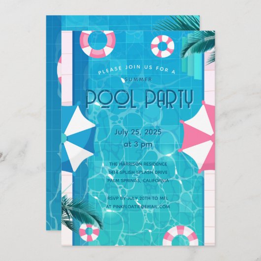 Tropical Summer Pool Party Einladung (Vorne/Hinten)