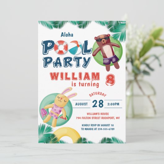 Tropical Summer Pool Party Geburtstag Einladung (Stehend Vorderseite)