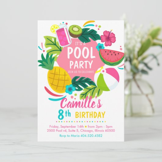 Tropical summer pool party Invitation Einladung (Stehend Vorderseite)