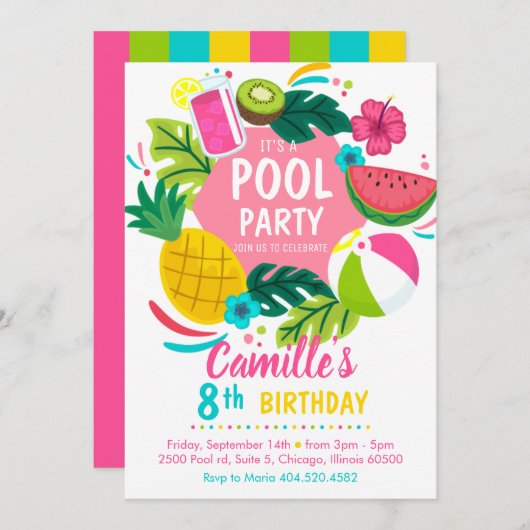 Tropical summer pool party Invitation Einladung (Vorne/Hinten)